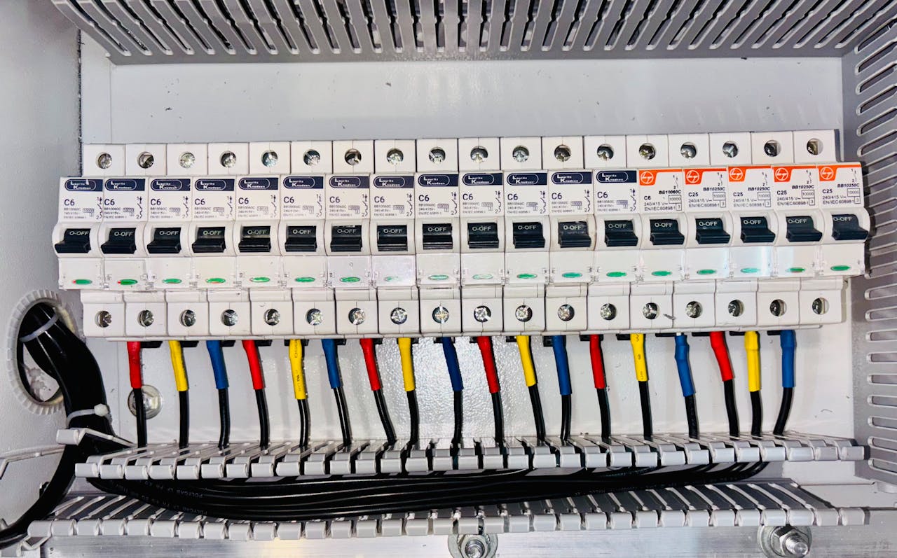 Close-up of an organized circuit breaker panel featuring color-coded electrical wiring.